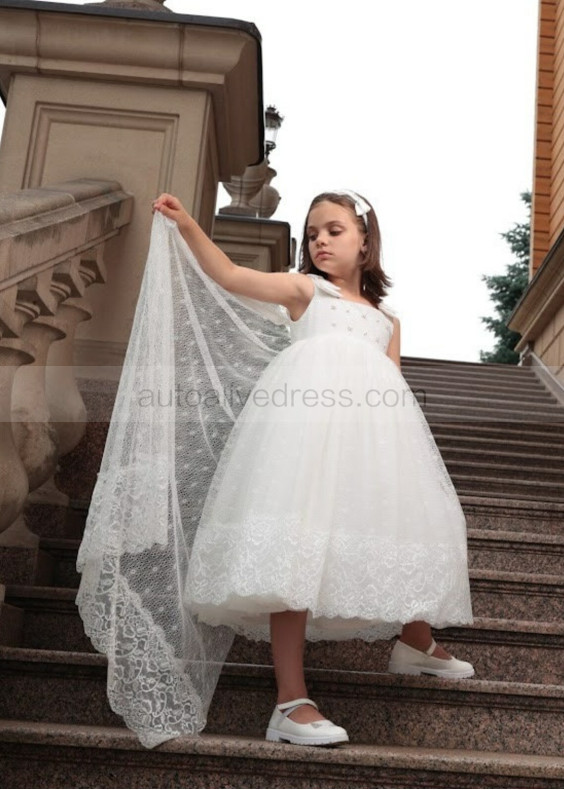 Square Neck Ivory Lace Tulle Tea Length Flower Girl Dress